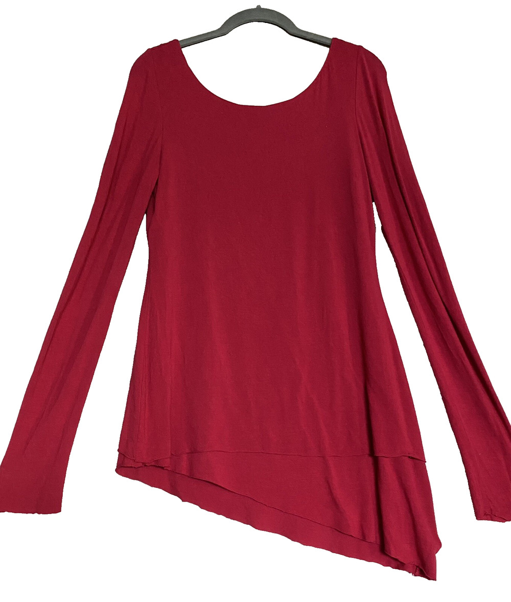 LUCY Red Bamboo Stretch Knit Tiered Asymmetric Long Sleeve Artsy Boho Top S